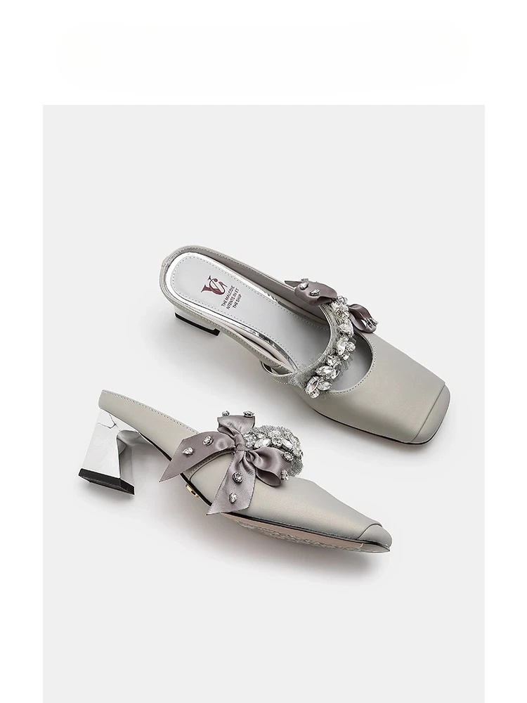 

Summer New Women's High Heels Leather Bow Rhinestone Fashion Bag Head Half Drag Women's Shoes