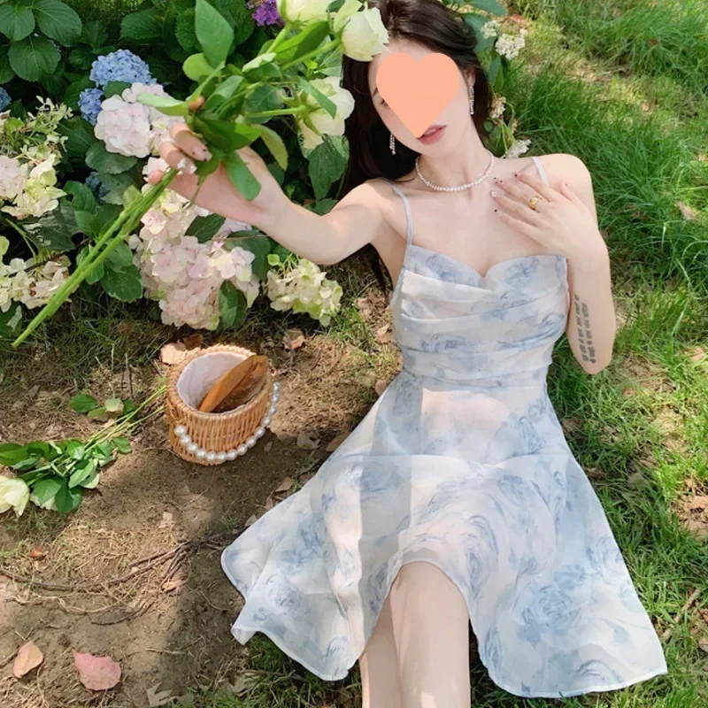 

Шифоновое летнее платье на подтяжках в Корейском стиле, шикарное, темпераментное, элегантное, Vestidos, тушью, принтом, выдолбленные платья с открытой спиной Платье