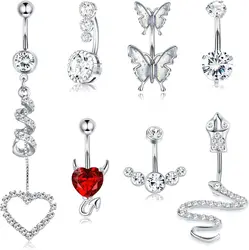 Bobisty 14G Belly Button Rings Dangle for Women Stainless Steel Snake Butterfly Devil Heart CZ Navel Rings Body Piercing Jewelry