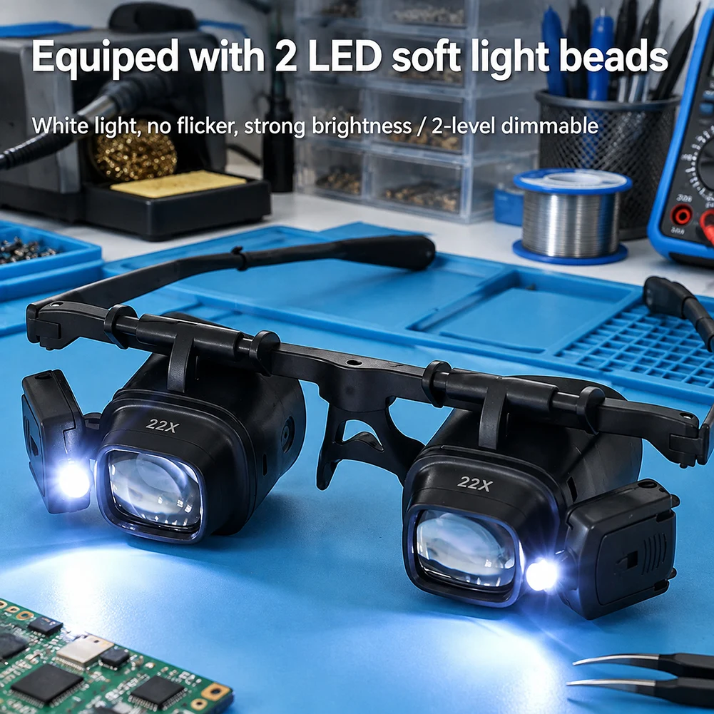2X–24X Adjustable Zoom Head Magnifier,LED Hands-Free Head-Worn Magnifying Glass,For Watch Phone Repair/Precision-Inspection Work