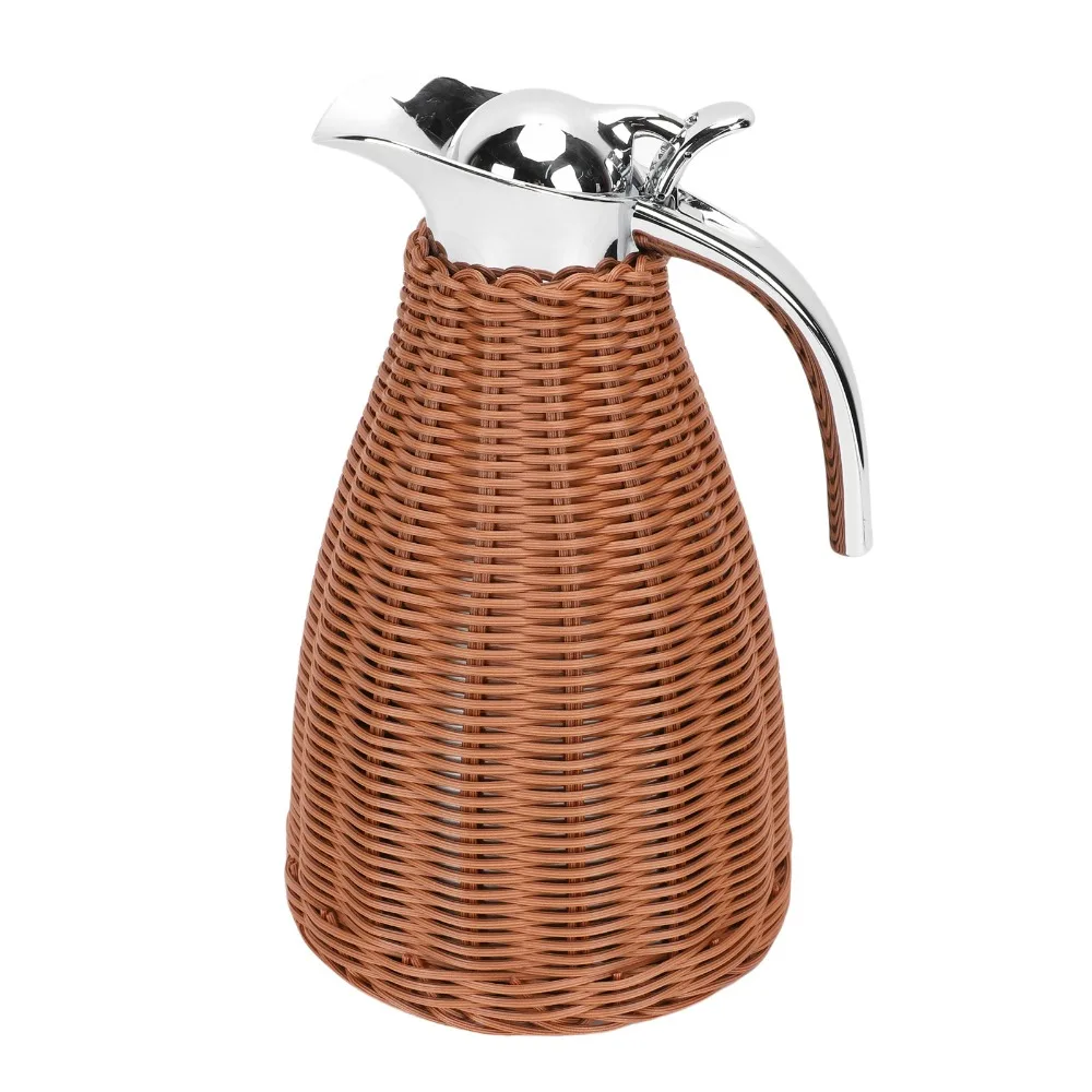 Handwoven Rattan Body Thermal Coffee Carafe 1.5L Capacity 12 Hour Heat Retention Woven Rattan Carafe 51 Oz Triple Walled