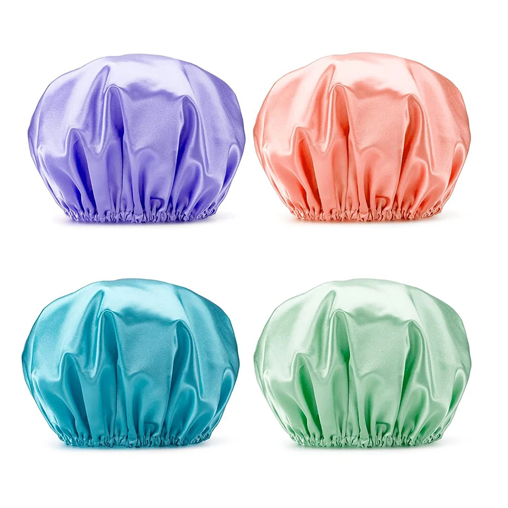 4Pcs Large Shower Cap with Elastic Band Double Waterproof Soft Bath Cap Multi-Purpose Reusable EVA for Women Thick/Long Hair