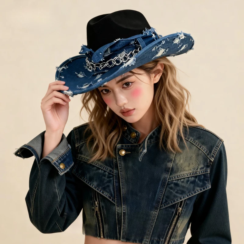 Vintage Western Cowboyhut für Damen und Herren, gewaschener Denim-Cowgirl-Jazzhut, geeignet für den täglichen Freizeitgebrauch, Western-Party, Bar, Cowboykappe – Detail 1