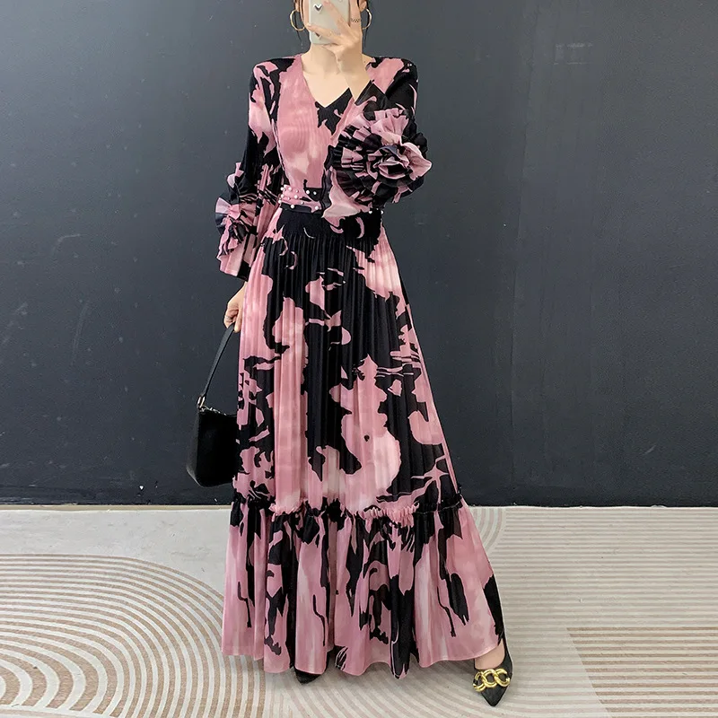 

Fold Miyake Pleated Pink Tie Dye Floral Print V Neck Ruffle Sleeve Pearl Beaded Waist Maxi Dress Loose Breathable Elegant Wear