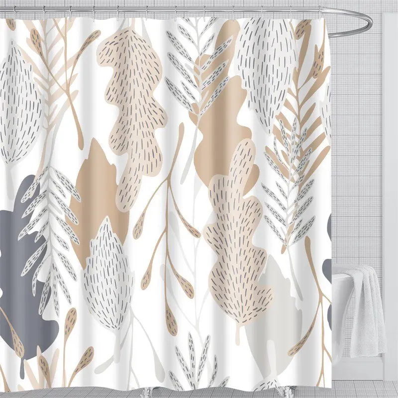 

Современная шторка для душа с дизайном в виде листьев, светло-бежевая, из плотной мягкой быстросохнущей ткани, с 12 крючками, подходит для стандартной ванной, проста в уходе.