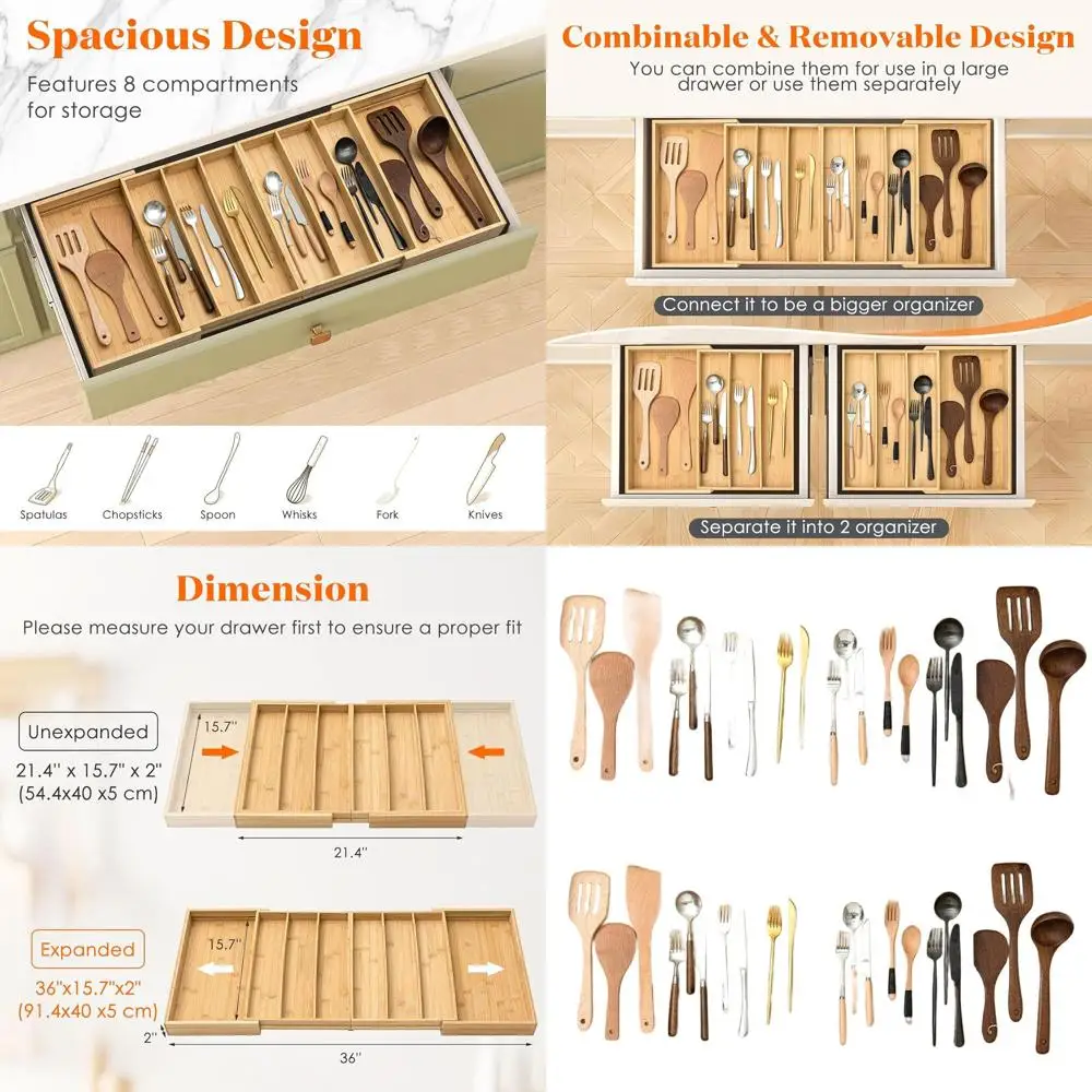 

Expandable Bamboo Kitchen Drawer Organizer for Utensils, 21.4-36 Inches Wide, Adjustable Silverware Tray for Cutlery Storage