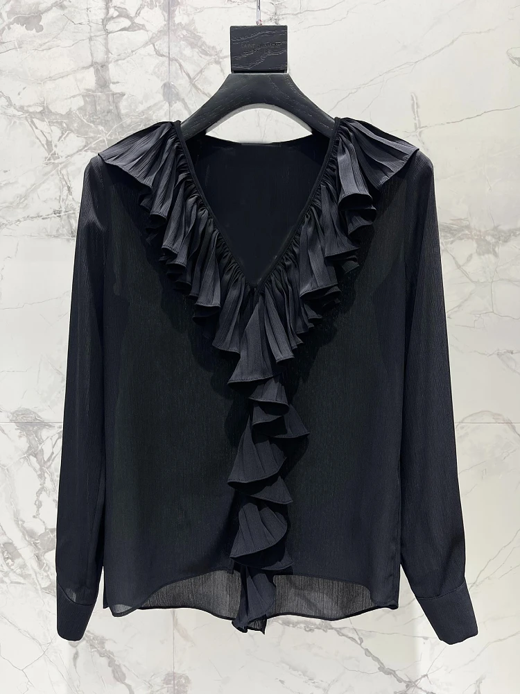 

2026ss spring luxury new women causal ruffles V neck long sleeve shirt ladies chic fashion blouse tops