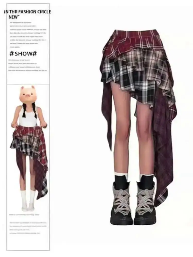 Y2K Women's Skirt Irregular Plaid Patchwork Summer Spice Girl Design A-line Skirt Trendy Pleated Streetwear Harajuku HCO2