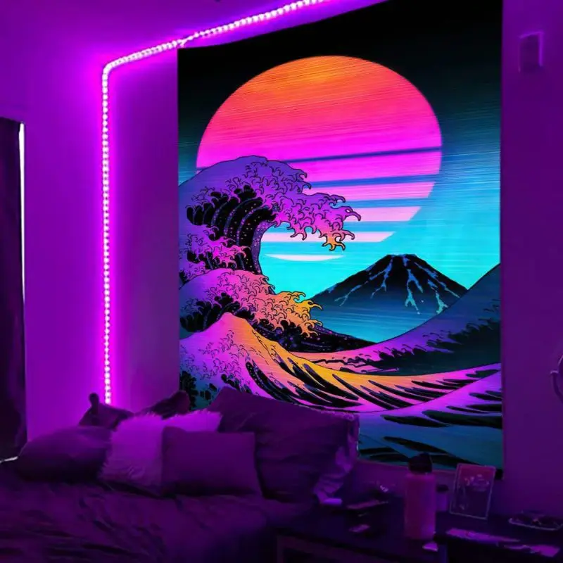 VIKAMA Blacklight Great Wave Off Kanagawa Sunset Mount Fuji UV Reactive Tapestry Japanese Wall Hanging Decor Soft Durable Cozy