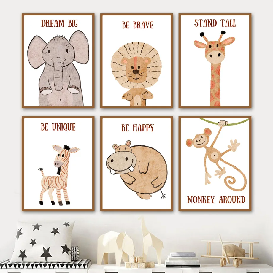 

Elephant Hippo Lion Monkey Giraffe Quotes Nursery Wall Art Print Canvas Painting Nordic Poster Wall Pictures Kids Bedroom Decor