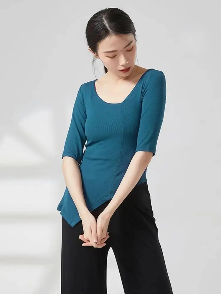 Einfarbiges, langärmliges, modernes Tanzoberteil mit V-Ausschnitt für Damen, dehnbares, schmal geschnittenes, zeitgenössisches Übungskostüm-Jazz-Shirt