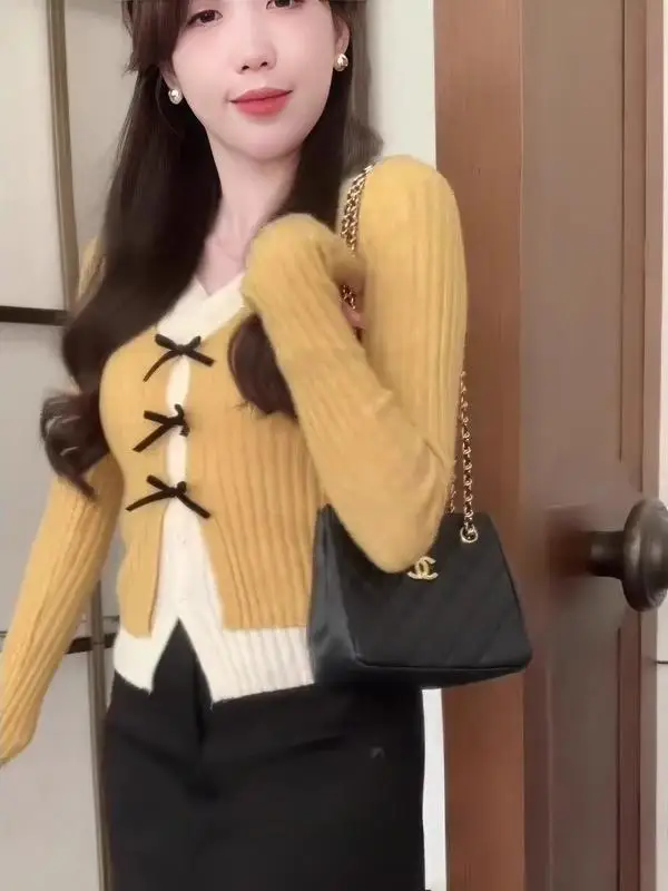 컬러 블로 V넥 니트 가디건 여성용 겨울 스웨터 매듭 허리 조임 탑