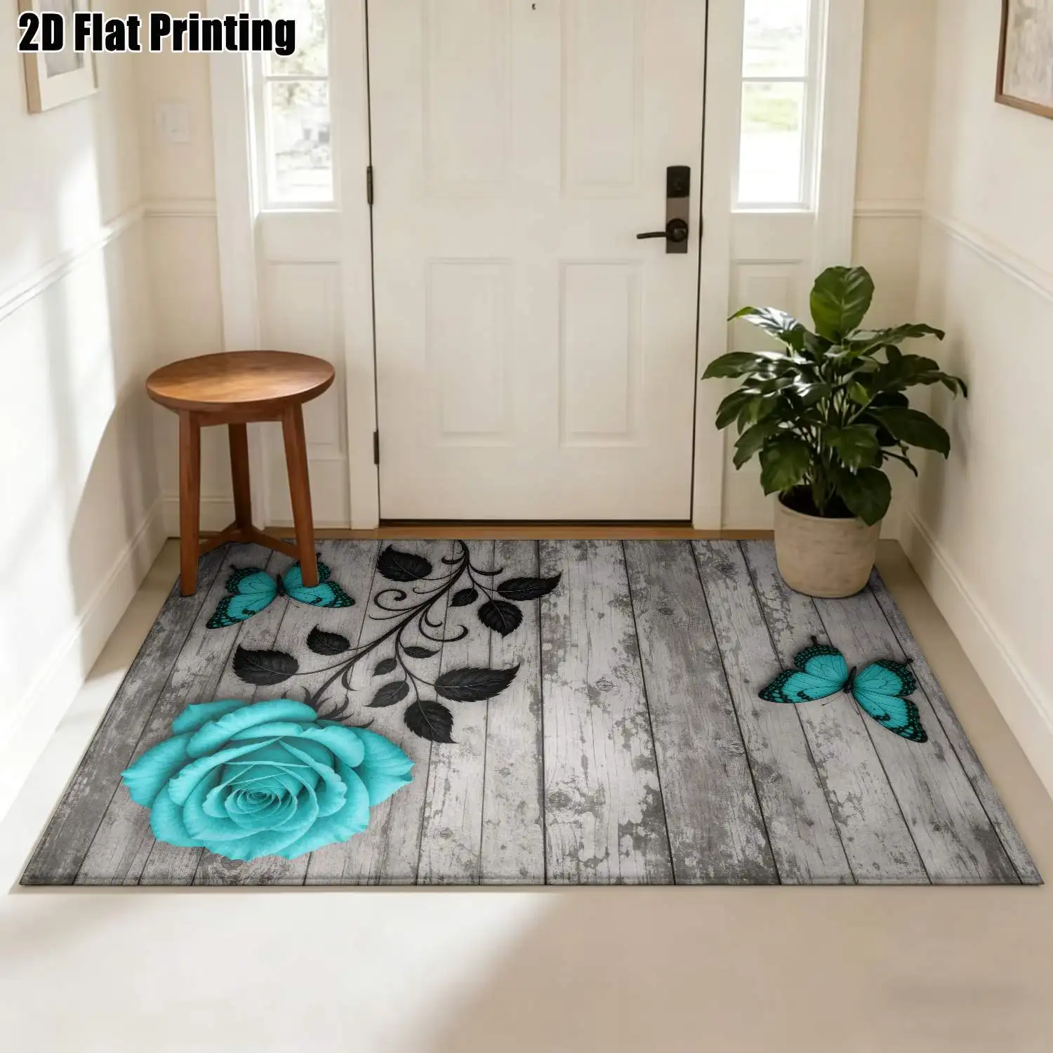 1Pc 2D Printed Carpet: Blue-Green Flower&Butterfly Patterns, Nordic/Instagram/Modern Minimalist/European/Vintage Style, Multi-Size, Machine Washable, Suitable for Entrance/Dining/Foyer/Bedroom/Living Room Home Decor