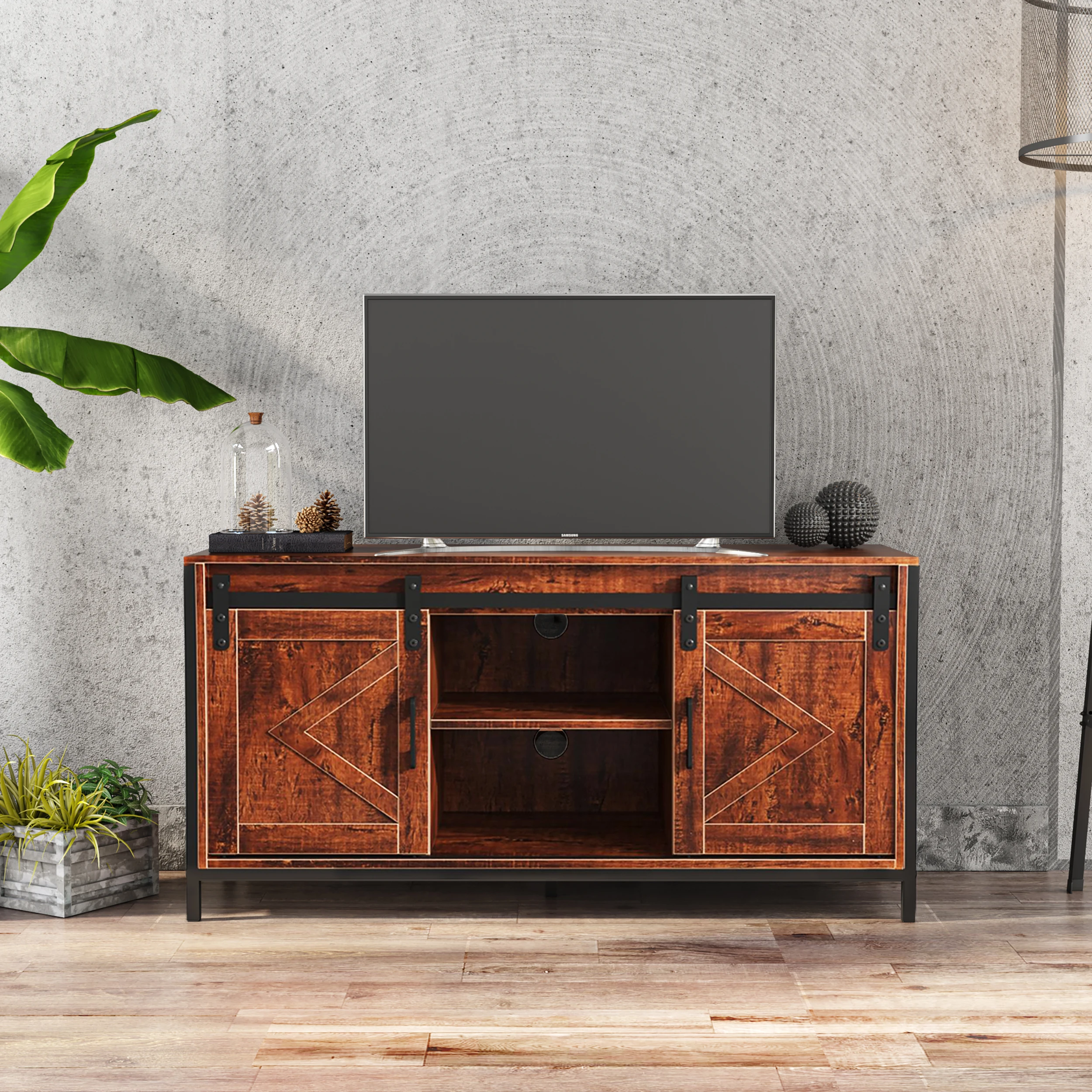 TV Stand with Storage Cabinet, Sliding Barn Doors, and Adjustable Shelves, Modern 23