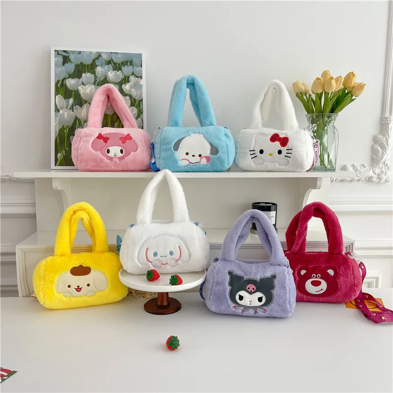 Cute My Melody Kuromi Cartoon Sanrio Cinnamoroll Pompom Purin New Plush Shoulder Crossbody Storage Bag Christmas Gift