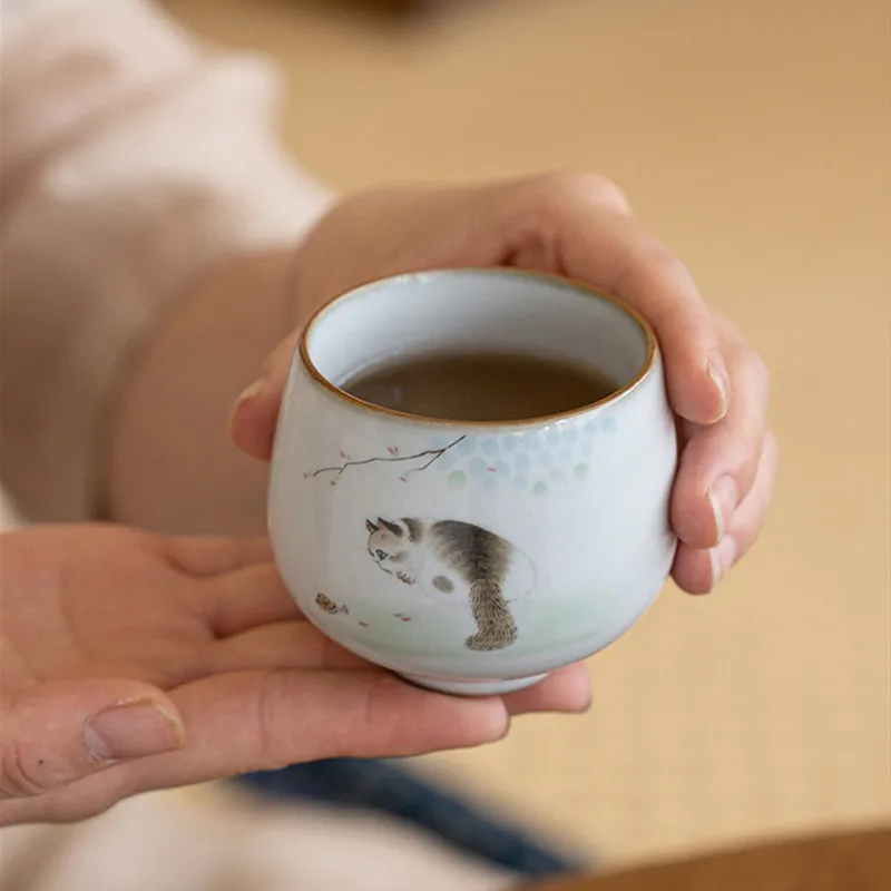 1 Pc Chinese Tradition Ru Kiln Ceramic Tea Cup Handmade Cute Cat Teacup Household Personal Tea Bowl Travel Master Cup Tea Set