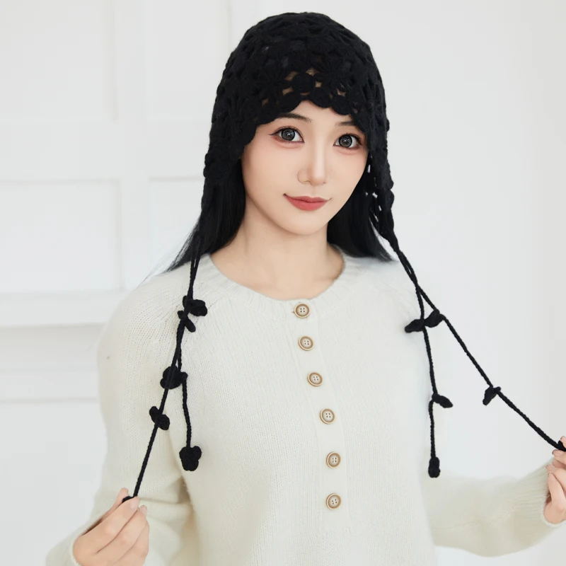 Handmade Crochet Hollow Ear Protection Women's Hat 100% Cashmere Vintage Four Seasons Tassel Headwear Decorative Turban Hat
