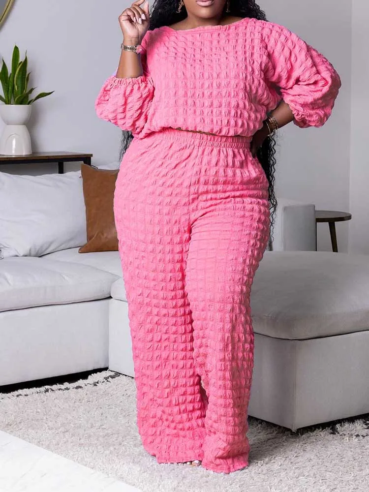 Curvy Plus Size Odzież damska Jesień Zima Długi rękaw 2-częściowy zestaw strojów Bubble Waffle Plisowany top i spodnie Elegancki garnitur