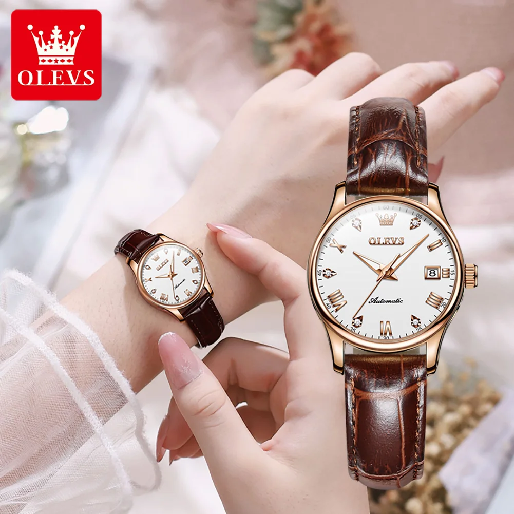 OLEVS 2023 New Automatic Winding Women Watch Genuine Leather Waterproof Date Mechanical Wristwatch Ladies Relogio Feminino