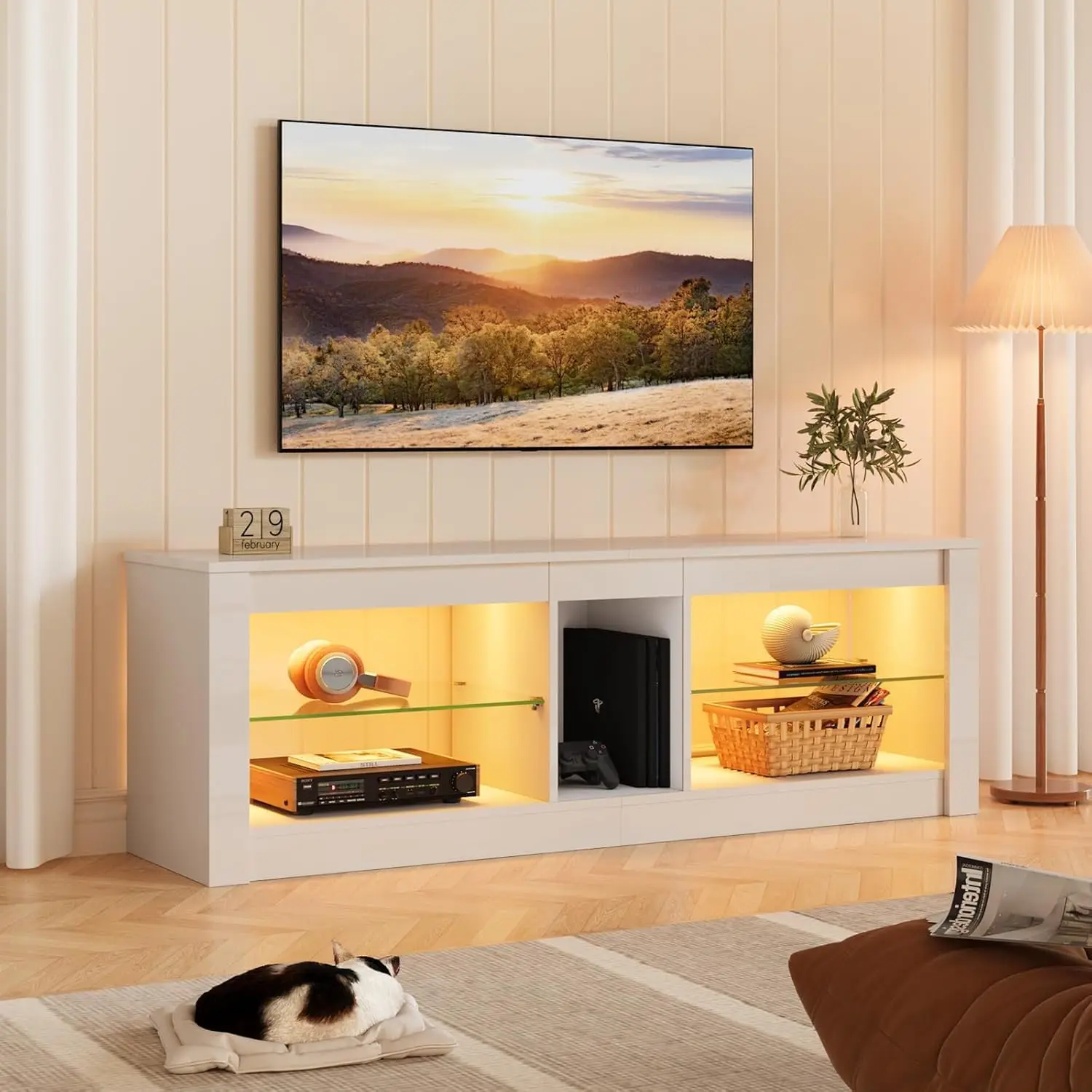 

Modern TV Stand With LED Lights for 55-60 Inch TVs, High Gloss Entertainment Center Console Table With Storage Shelves for Livi