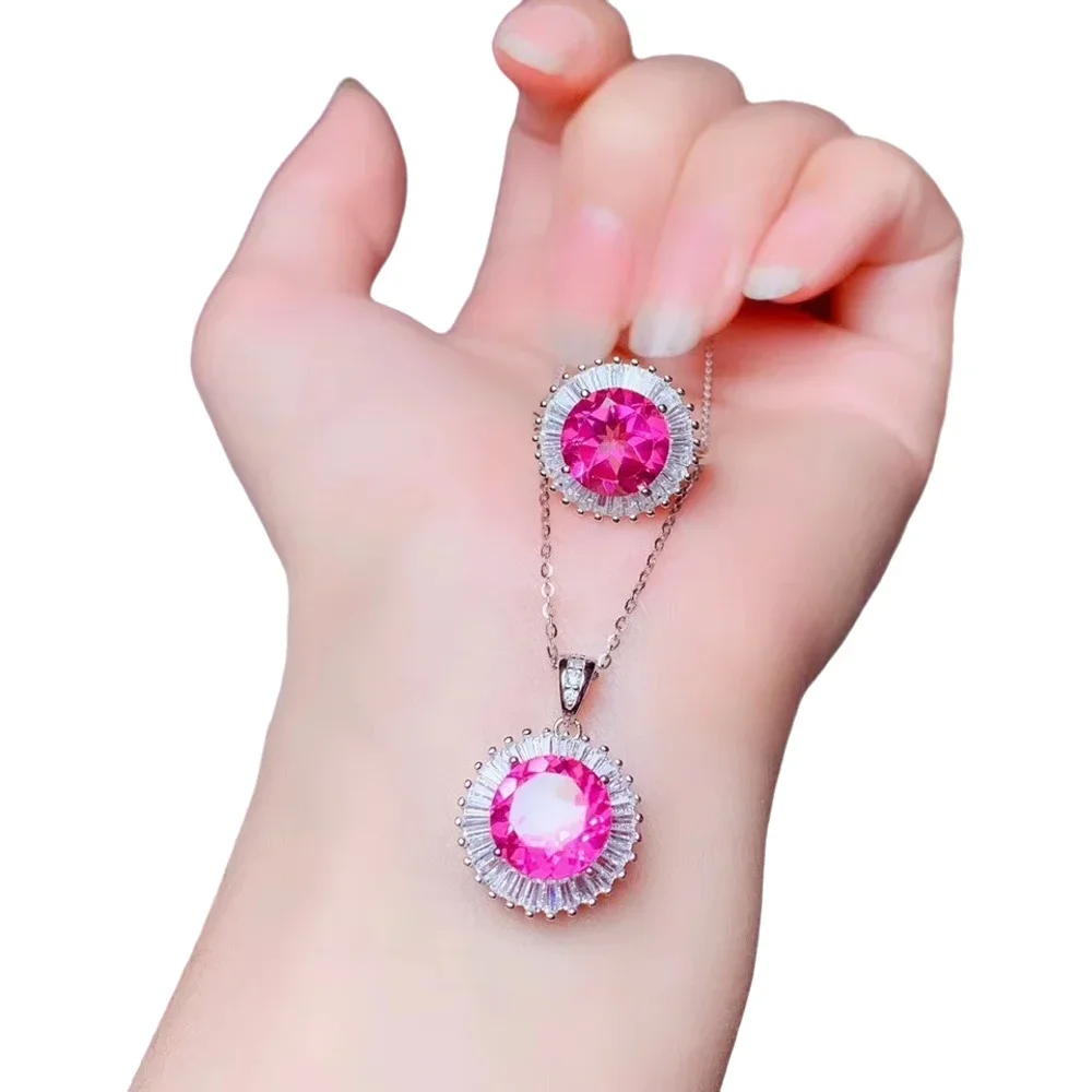 

KJJEAXCMY-925 Sterling Silver Inlaid Ring Women, Fine Jewelry, Natural Pink Topaz, Female Pendant Set, Trendy Support Detection