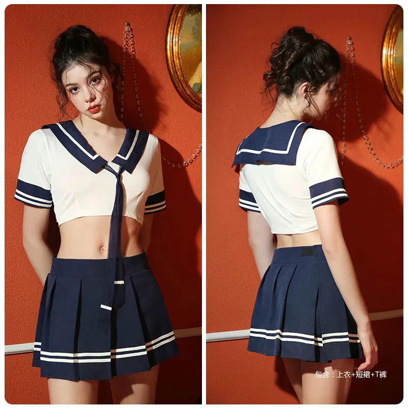 Cute JK Blue Collar White Lines School Uniform Girl Sailor Suits Pleated Skirt Japanese Style Clothes Anime COS Miniskirt