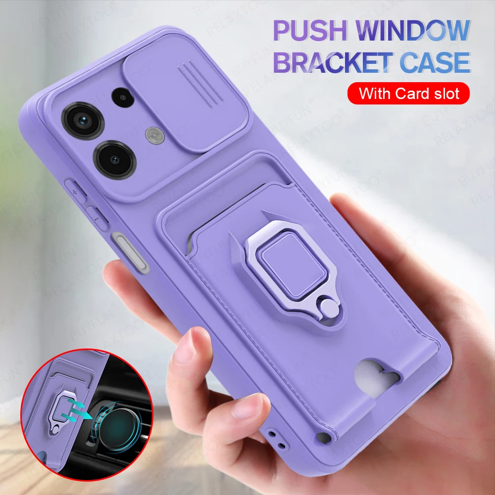 Car Magnetic Holder Sliding Lens Protection Case For Redmi Note 13 Pro Plus Note13Pro 5G Note13 Shell TPU Card Slot Bumper Cover