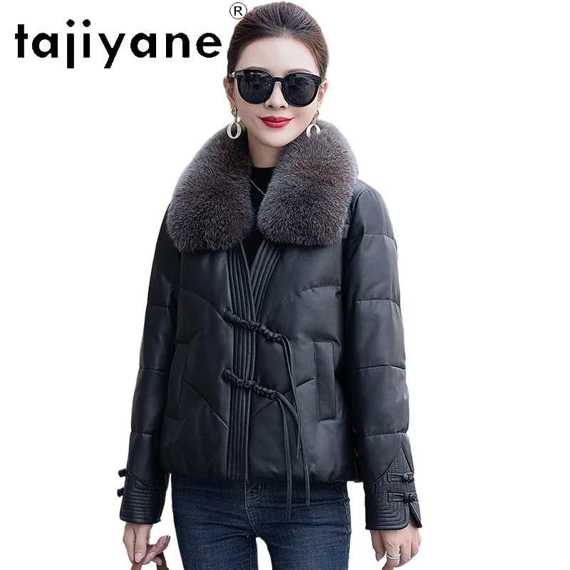 TAJIYANE 100% Skóra Owcza Kurtka Puchowa Damska z Kołnierzem z Futra Lisa Prawdziwe Skórzane Kurtki Stylowa Kurtka Puchowa Odzież Zimowa 2025 신상재킷