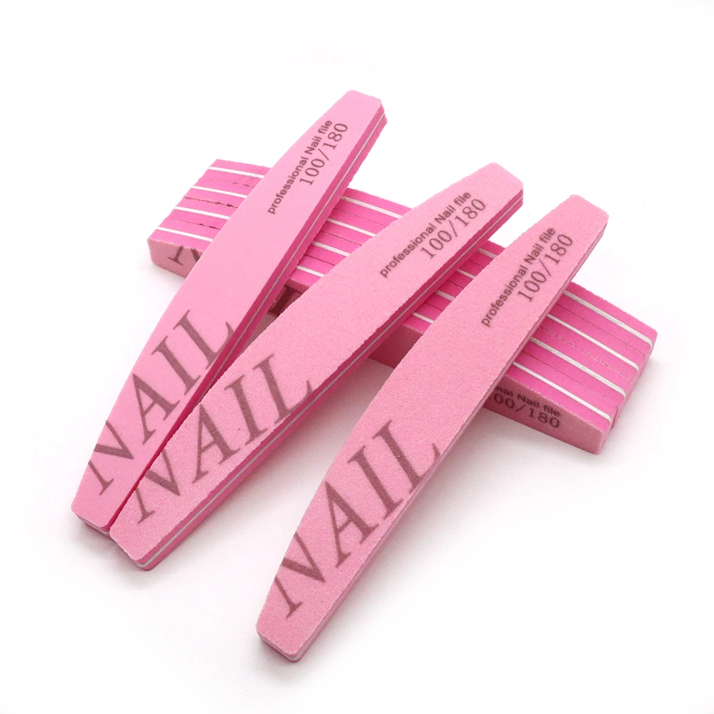20/50Pcs Curved Pink Sponge Nail File 100/180 Grit Professional Double Sided Manicure Pedicure Nail Art Tool Nail Sanding Files