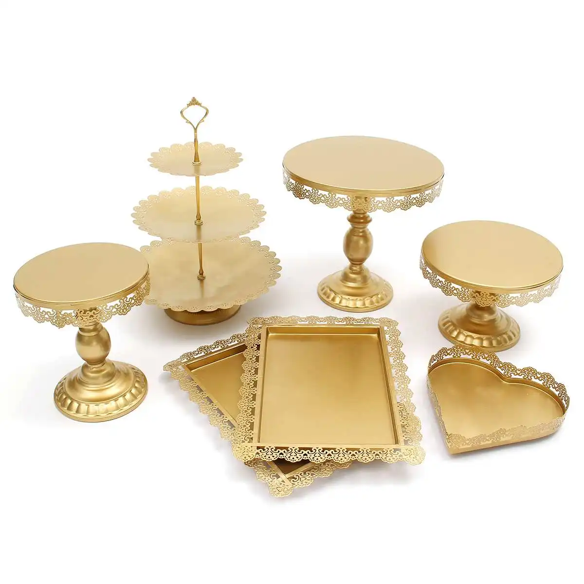 7 Piece Gold White Cake Stand Set Round Metal Crystal Cupcake Dessert Display Pedestal Wedding Party Display