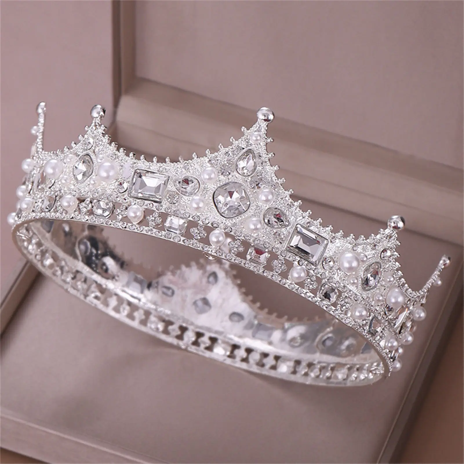 Legierung Krone Tiara Retro Braut Strass Runde Krone Perle Kristall Dekoration Für Hochzeit Braut Prom Party Haar Zubehör