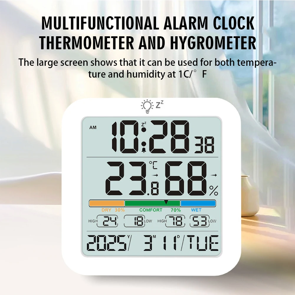 

Indoor Thermometer Multi-function Wireless Home with Backlight Digital Display Temperature Humidity Sensor Clock Detection Tool