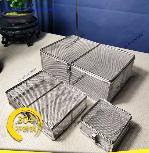 304 Stainless Steel Disinfection Basket with Lid Medical Instrument Cleaning Basket Sterilization Mesh Basket