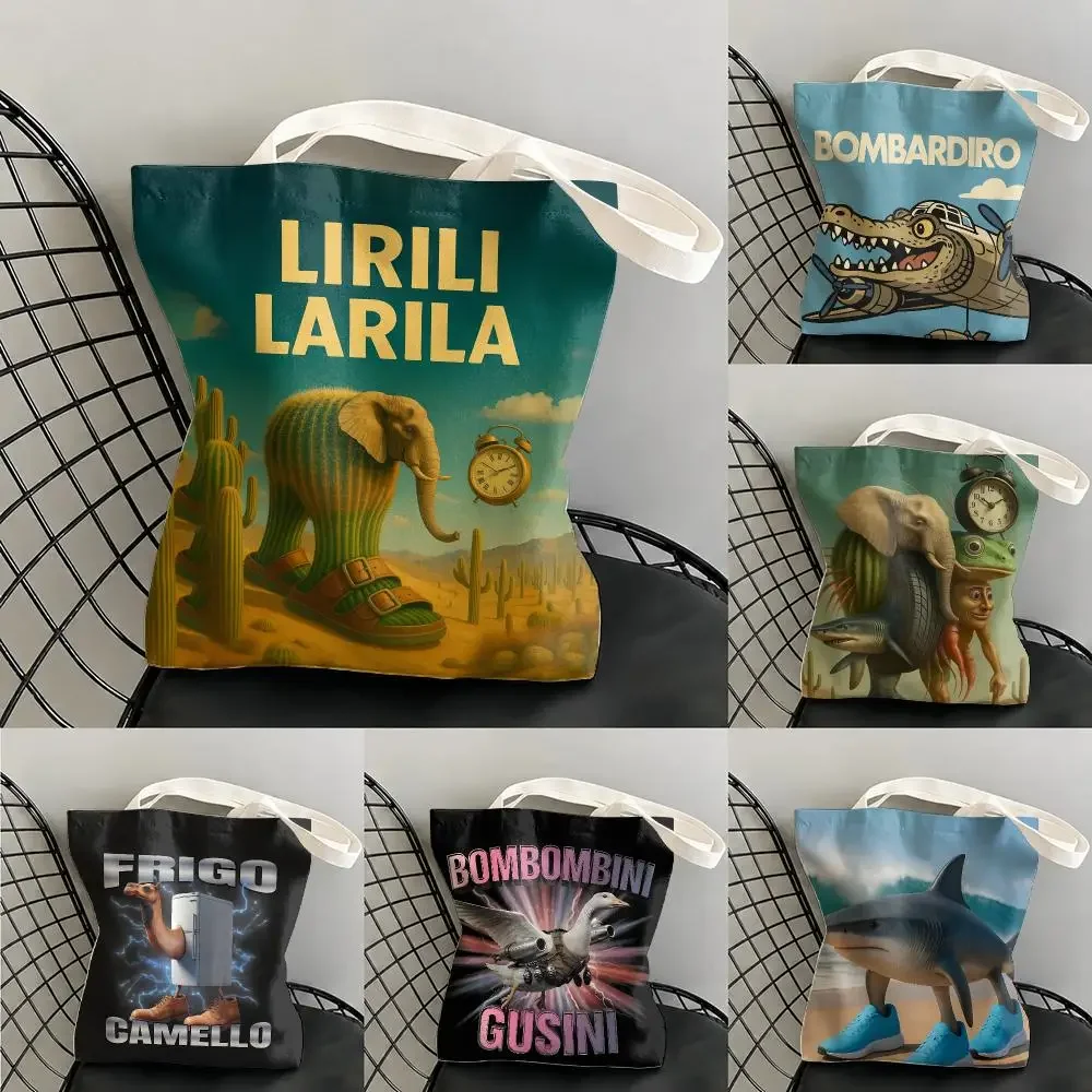 Italian Brain Rot Meme Tralalero Tralala Storage Bags Canvas Double-Sided Print Beach Bag Durable Handbag Shoulder Bag Gift
