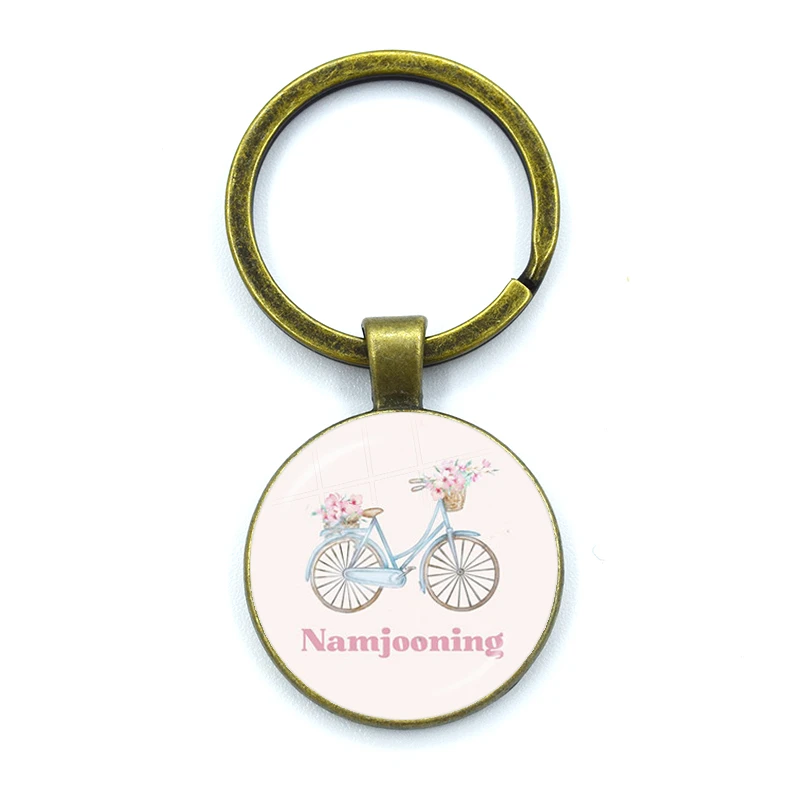 Namjooning With Flowers Printed Keychain Funny Glass Dome Cartoon Keyring Bag Car Key Chain Ring Holder Charms Jewelry Gifts