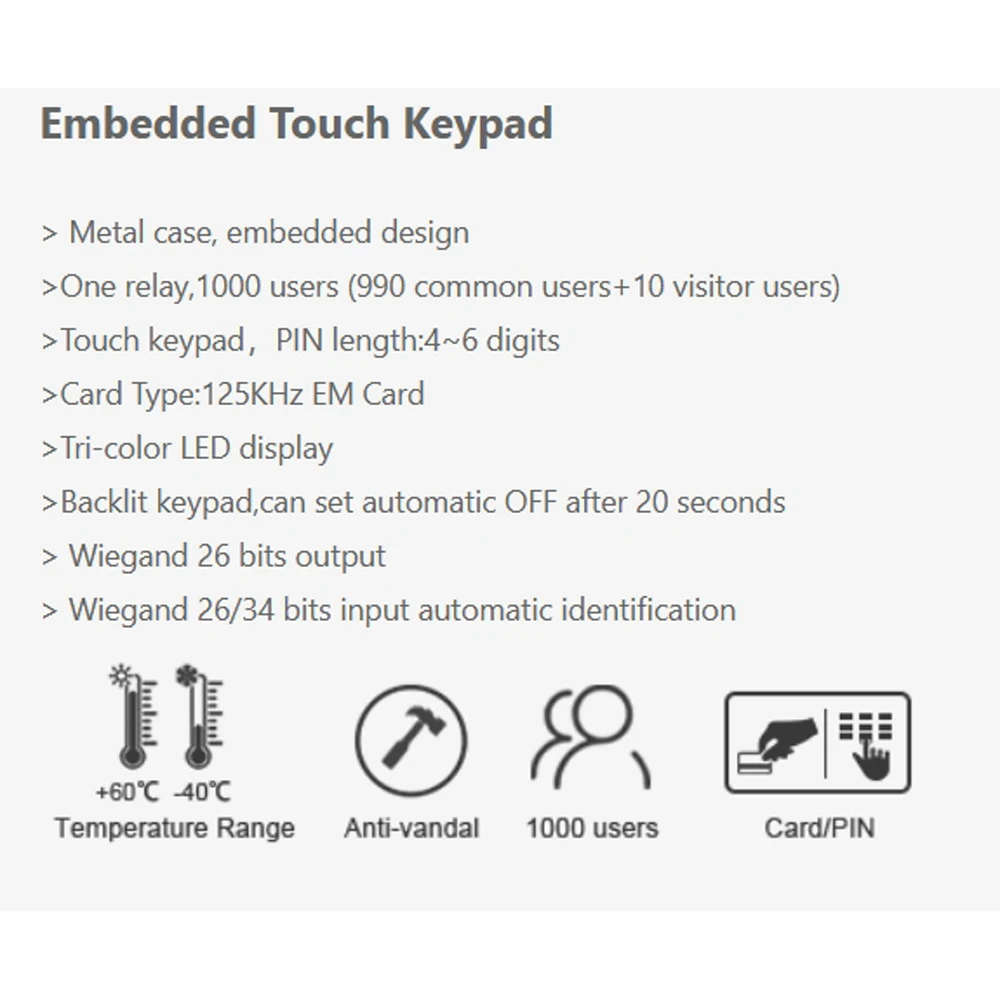 Metal Embedded Access Control Keypad Waterproof 125KHz RFID Keyfob Reader 2000 User Door Opener Wiegand 26 Output