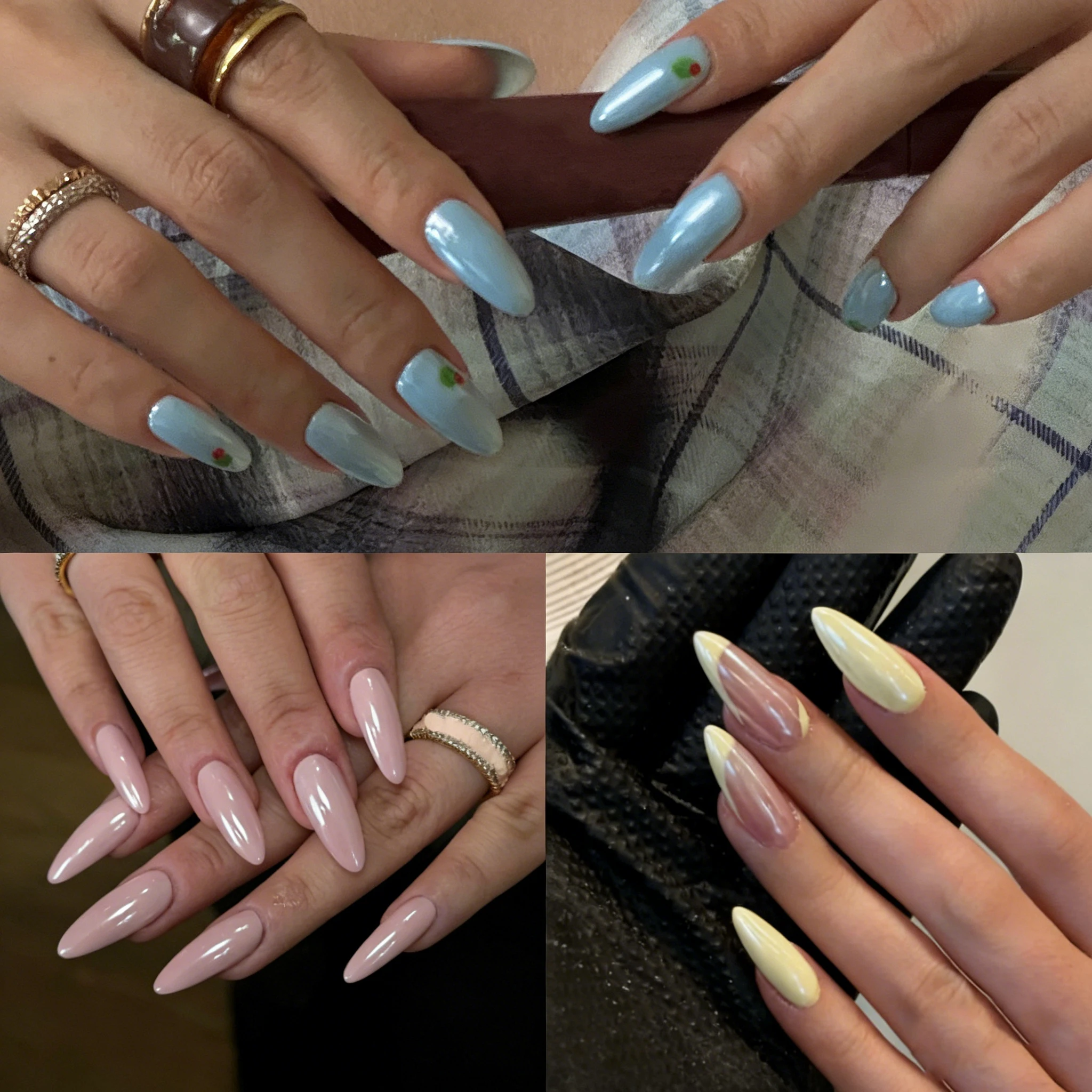 

10Pcs Handmade Pearly Nails Blue Pink and Yellow French Style Fake Nails Natural Nude Glossy Press On Art Set Beauty for Girlsls