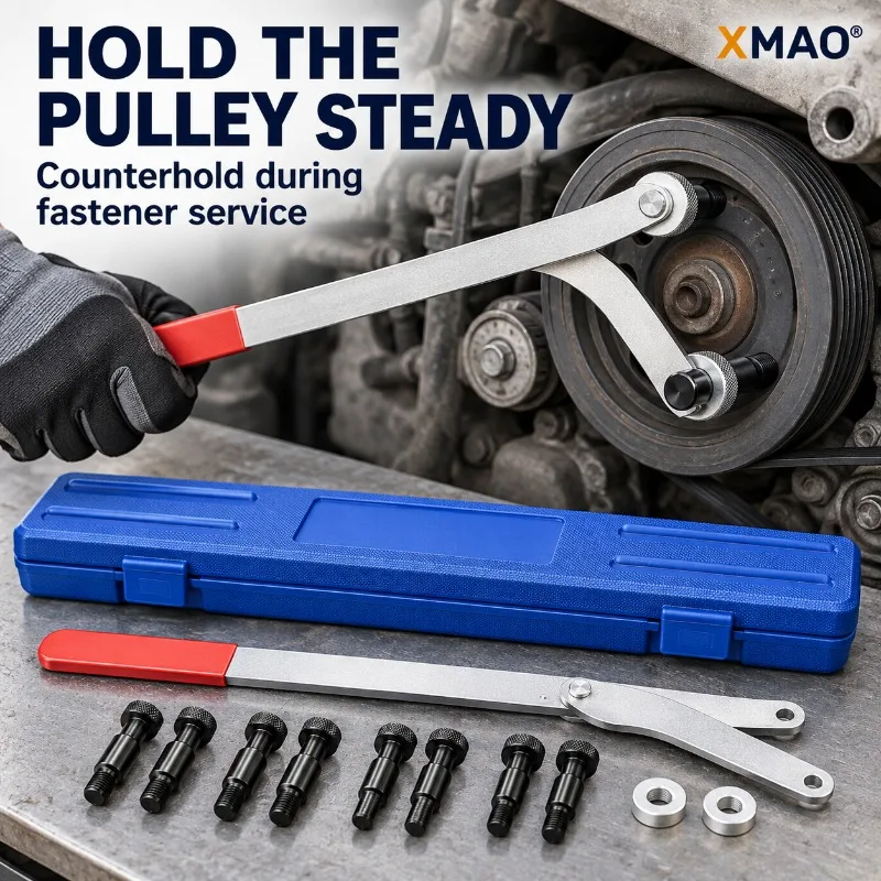 XMAO Adjustable Pulley Holding Tool 11Pcs Steel Wrench Kit with Replaceable Pins and Case for Camshaft and Clutch Maintenance