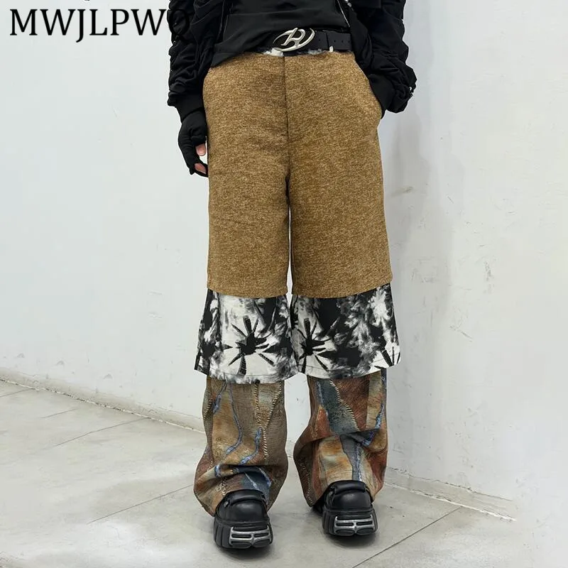

MWJLPWQ Men's Multi Layer Patchwork Wide Leg Pants Tie Dye Abstract Printed Casual Streetwear Trousers For New Daily Wear 15590
