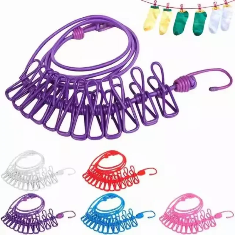 Portable Clothing Clothesline with 12 Clips Retractable Laundry Dryer Clothes Rope Drying Rack Cloth Hanging Line for Outdoor