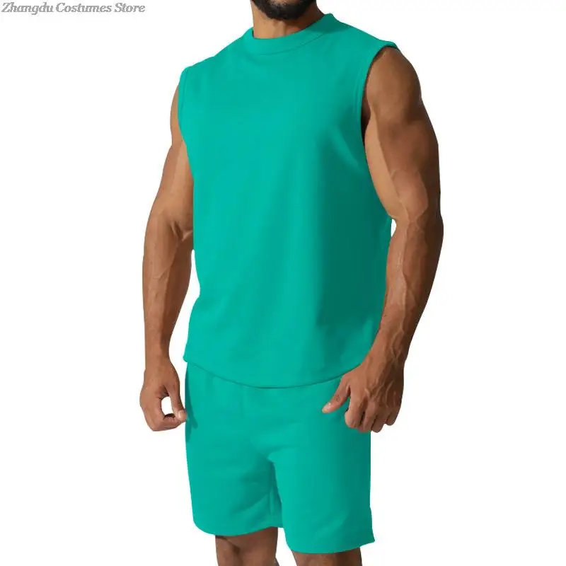 Male Summer Ythin Casual Sleeveless Vest Shirts Pants 2 Piece Set Men Gym Workout Sleeveless Tank Tops Shorts Set