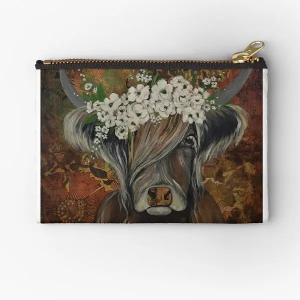 Highland Cow With Flowers  Zipper Pouches Panties Cosmetic Packaging Bag Pure Key Socks Pocket Women Storage Wallet Small Coin