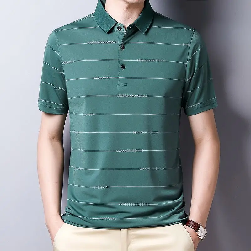 Summer New Polo Short Sleeve T-shirt Men's Summer Ice Silk Turn-down Collar Clothes Striped Button Casual Fashion Toops