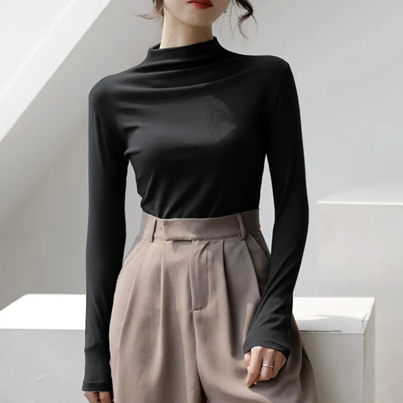 قميص نسائي بياقة نصف عالية وأكمام طويلة، ضيق ومريح للارتداء الداخلي، أنيق للربيع والخريف، متعدد الاستخدامات من البوليستر بأسل...