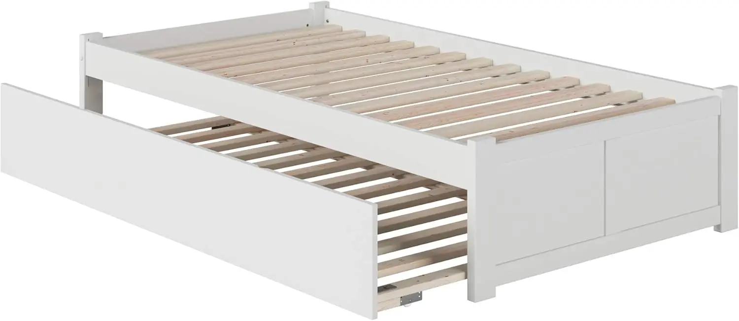 Twin XL Size Platform Bed with Footboard & Twin XL Trundle in White Solid Hardwood and Veneers with A Non-Toxic Finish