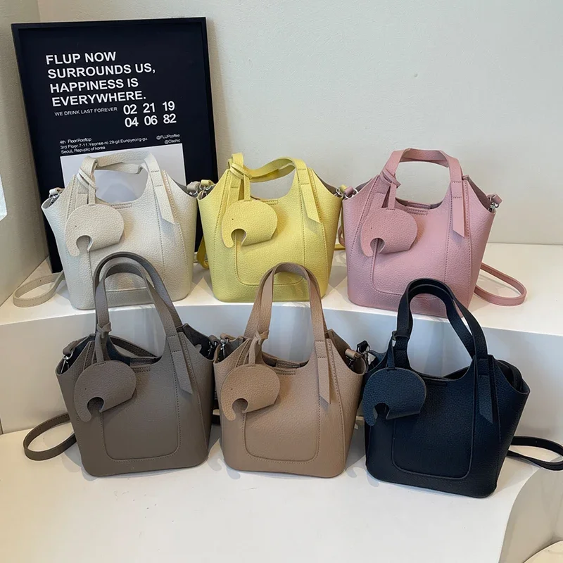 

Black 2 Set Bucket Tote Bag For Women Solid Color Pu Leather Handbag Commute Bag Ladies Versatile Crossbody Shoulder Bag Brand