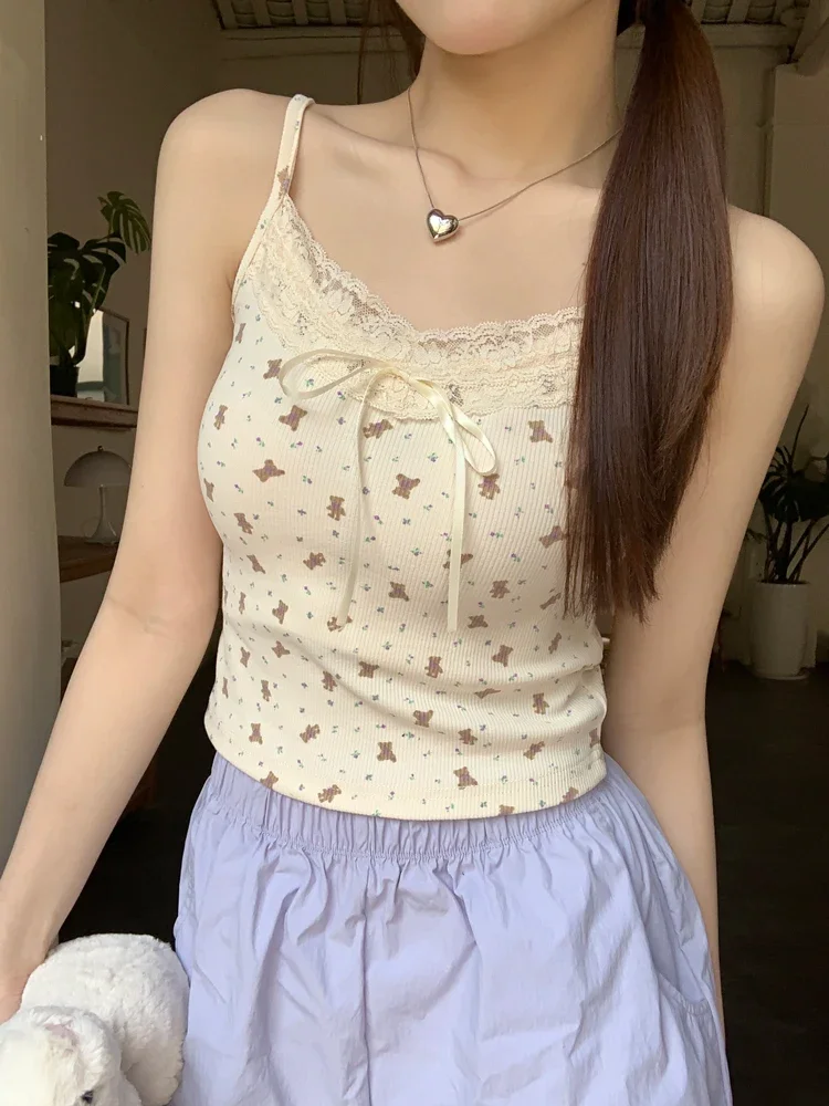 High Quality Sweet Bear Print Camisole Women Y2k Spice Girls Lace Patchwork Sleeveless Tops Female Cute Streetwear Tank 2025 New