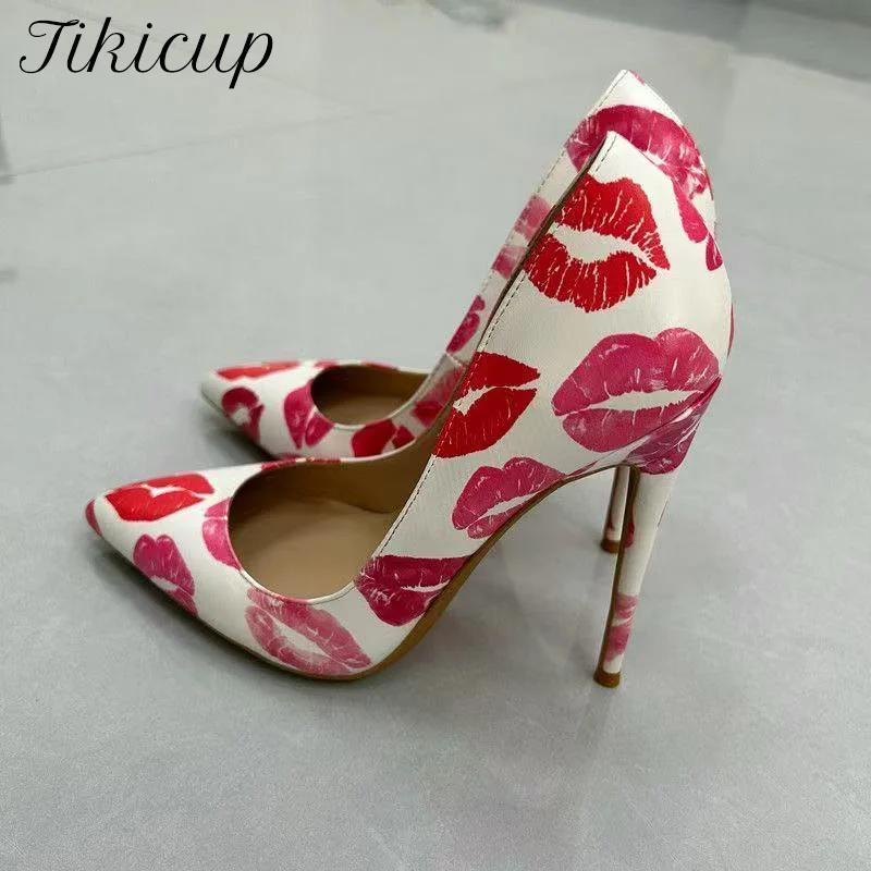 

NEW 12cm/10cm Sexy High Heels Women Red & Pink Lip Print Stiletto Heels Playful Pointed-Toe Pumps with Vibrant Kiss Patterns
