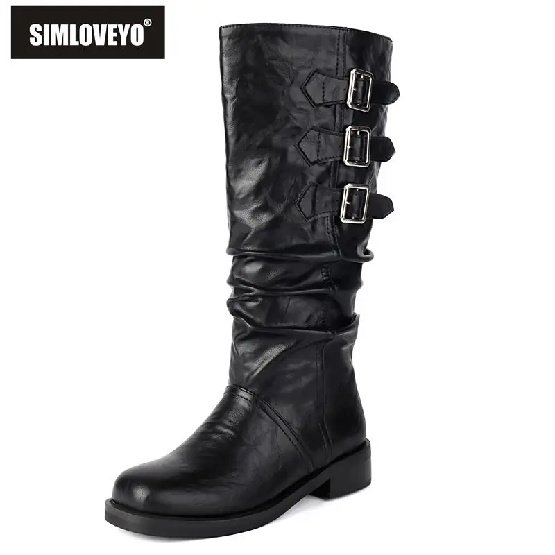 

SIMLOVEYO 2025 Fashion Women Boots Square Toe Thick Heels 3.5cm Slip On Belt Buckles Plus Size 44 45 46 Leisure Dating Booties