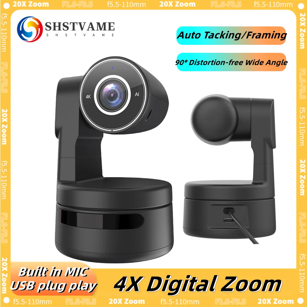 4K PTZ Webcam AI Auto Framing Recognition Control Built-in Mic MINI USB Video Camera for Laptop Live Streaming Online Meet